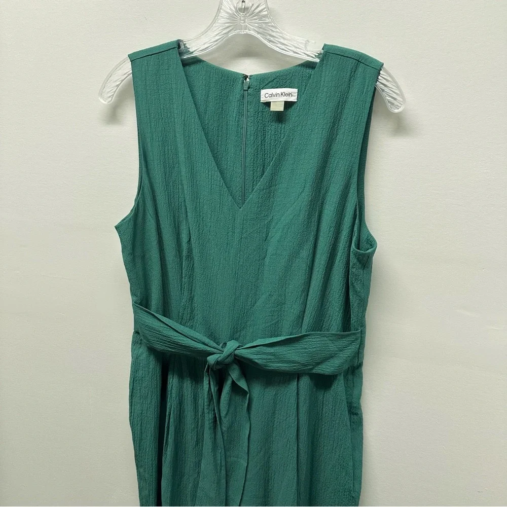 Calvin Klein Sleeveless Wide Leg Jumpsuit | Green, V-Neck, Tie belt, Crepe Sz 14 - Picture 4 of 16